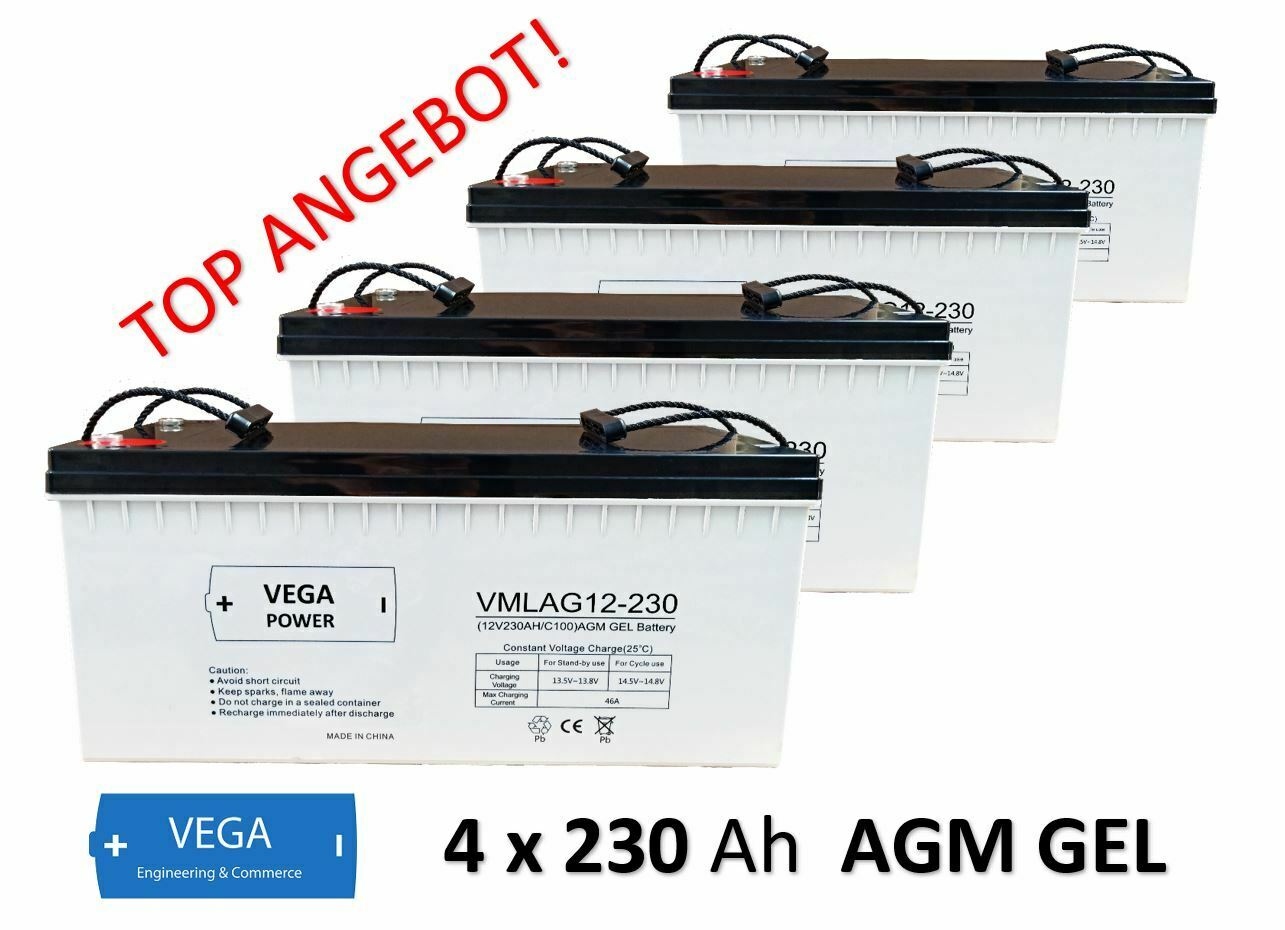 4 Stück 12V 230Ah C100 AGM GEL Batterie Akku Vega Power